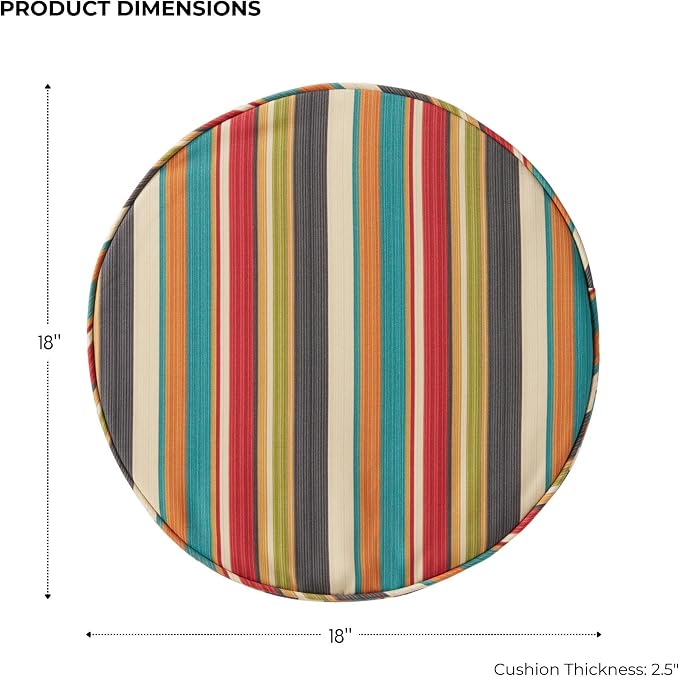 Set of 2 Outdoor 18 inch Round Patio Dining Chair Pads – Comfortable Fiber-Filled Seat Cushions with Ties, Reversible Polyester Fabric, Sunset Stripe