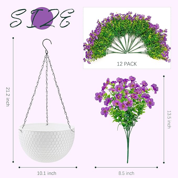 Der Rose Artificial Hanging Flowers Basket for Faux Plants Outdoor Spring Summer Decoration UV Resistant Fake Flowers for Patio Balcony Farmhouse Decor(Purple)