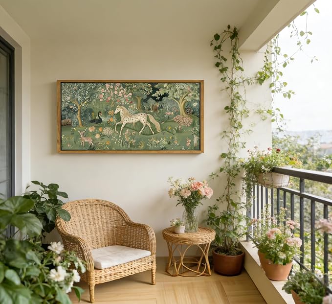 Large Wood Framed Woodland Animal Wall art,Magic Horse Bear Deer Poster Green Fantasy Forest Botanical Pictures Decor,Colorful Fairy Tale World Picture Poster,for Kids Room Bedroom Living Room