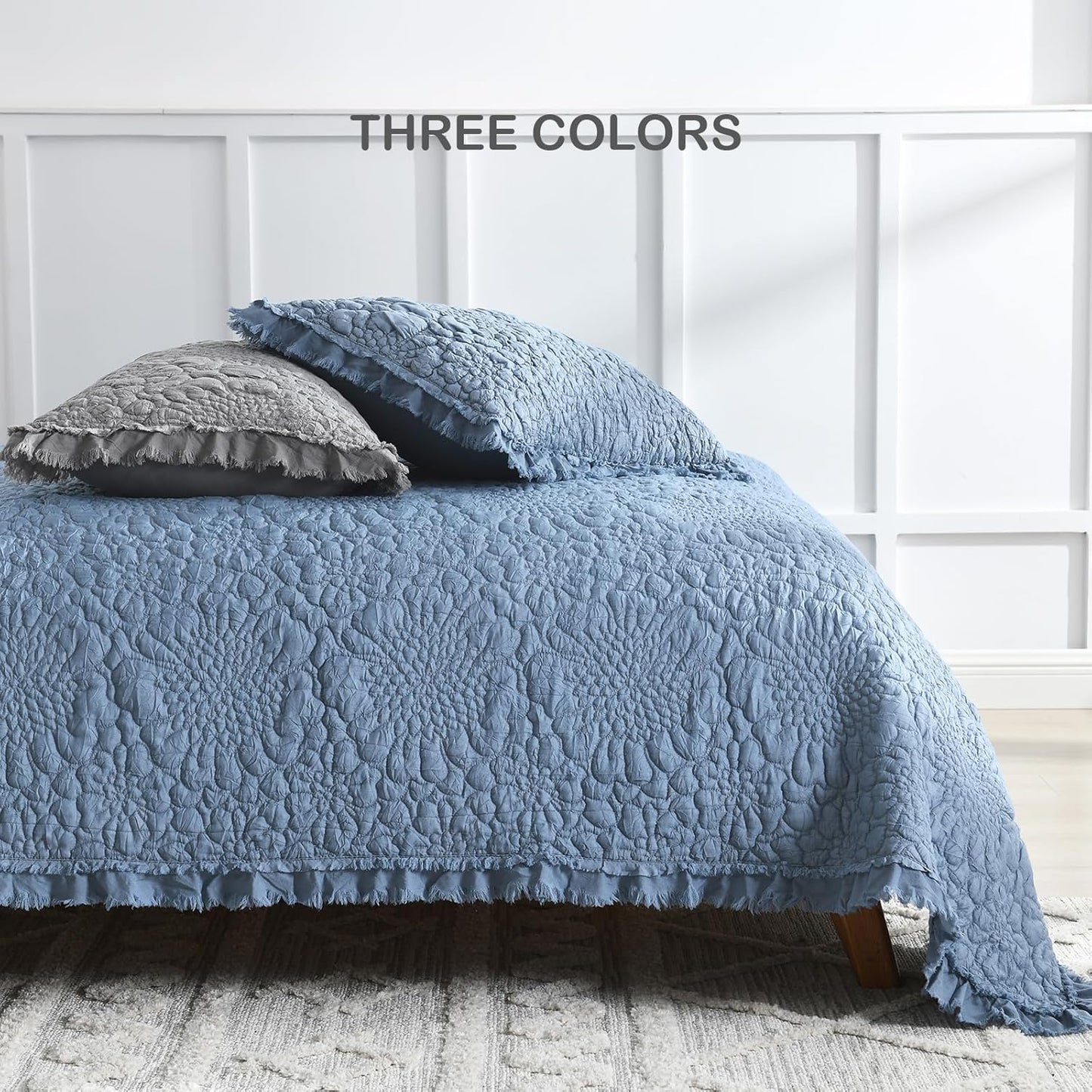HORIMOTE HOME Blue Ruffled Quilt Queen Size, Stone-Washed Microfiber Lightweight Crinkled Farmhouse Rustic Shabby Chic Bedding Set, 3 Pieces Reversible Bedspread with Pillow Shams for All Season