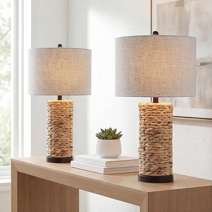 JONATHAN Y 25" Natural Coastal Water Hyacinth Table Lamp Set of 2, Bedside Lamp with Light Grey Linen Shade, Boho Farmhouse Decor for Living Room Nightstand, LED Bulbs JYL6502A-SET2