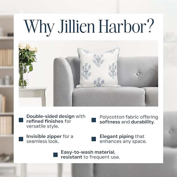 Jillien Harbor “The Mary” Periwinkle Floral Block Print Pillow Cover – Blue and White Decorative Throw Pillow Cover – Grandmillennial Home Decor, 24" x 24"