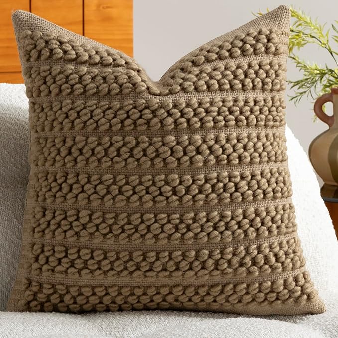 DEZENE Wool Boucle Throw Pillow Cover Premium Chic Accents Square Textured Decorative Pillow Case for Living Room Couch Sofa Home Decor 18"x18" Taupe