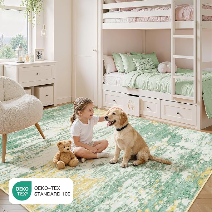 Lofus 5x7 Area Rug for Living Room, Abstract Rugs with Non-Slip Backing, Neutral Modern Washable Carpet for Bedroom Dining Room Home Office Nursery Indoor, Light Green/Yellow