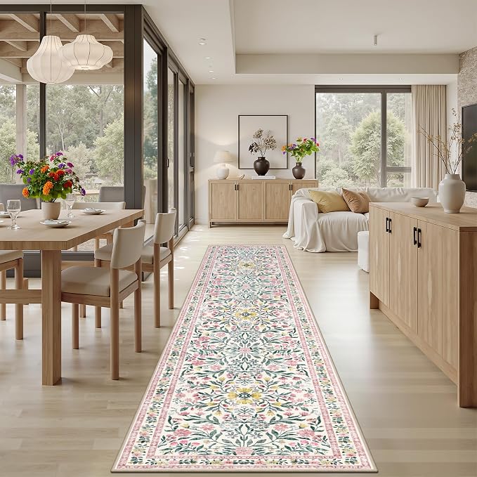 Runner Rug for Entryway: 3x10 Kitchen Rugs Non Slip Washable Ultra-Thin Soft Floral Carpet Indoor Floor Stain Resistant Carpets for Hallway Bedroom Kitchen Laundry Bathroom Dorm Pink/Green