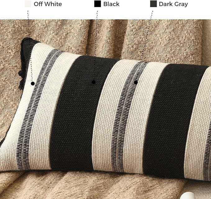 Decorative Lumbar Pillow Cover 12x28, Handwoven Boho Long Body Pillowcase, Farmhouse Linen Cotton Pillow Cushion Case for Sofa, Bed, Living Room, Bedroom(Black and White)