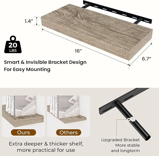 Dreamland 16" Floating Shelves 6.7" Deep Wall Mounted Set of 2 Grey | Wall shelves for bathroom, bedroom, Living Room, kitchen, deep wall mount wood storage display for home decor 16" x 6.7"