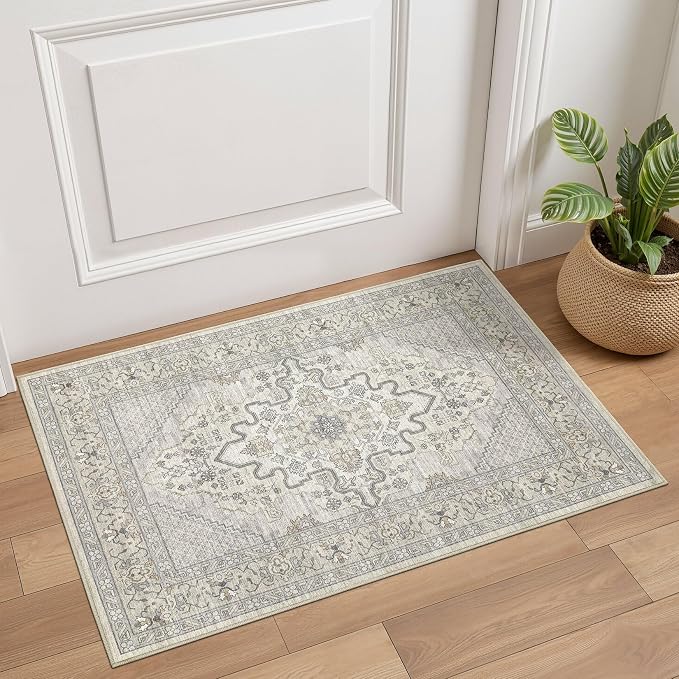 Tortania Area Rug 2x3 Doormat - Washable Vintage Oriental Farmhouse Soft Thin Indoor Carpet for Living Room Bedroom Hallway Entryway Kitchen - Beige Linen