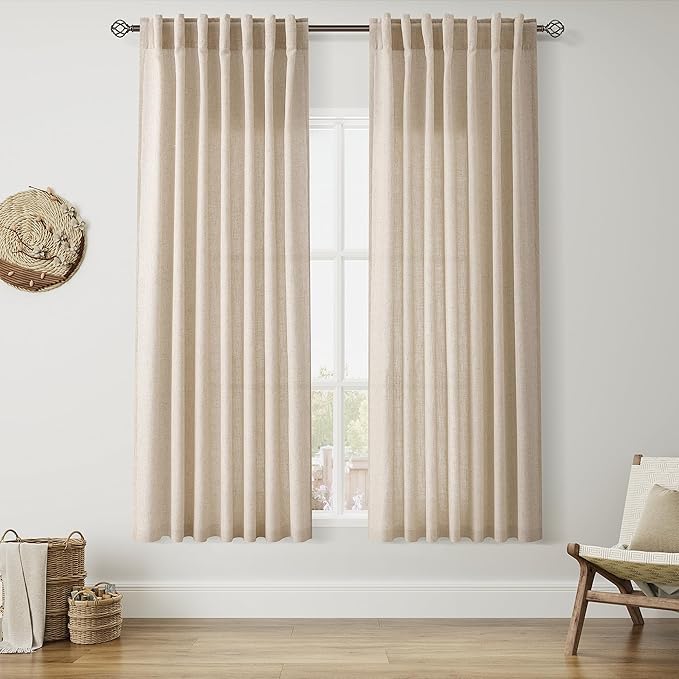 Nanspring Grey Flax Curtains 63 Inch Length for Living Room Linen Blend Light Filtering Mordern Boho Sheer Curtains Back Tab and Rod Pocket Privacy Curtain for Bedroom Office 52x63,2 Panels