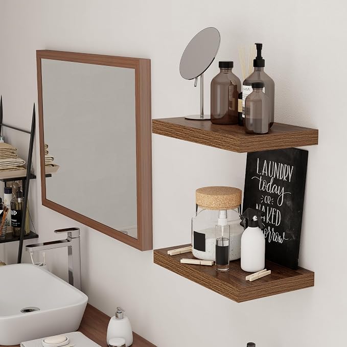 16 inch Floating Shelves for Wall, Walnut Wooden Floating Shelves, 9.3in Deep Rustic Wall Shelves for Bathroom Living Room Kitchen Bedroom Bookshelf Storage & Organizer, 16 x 9.3 x 1.5 in, 2 Packs