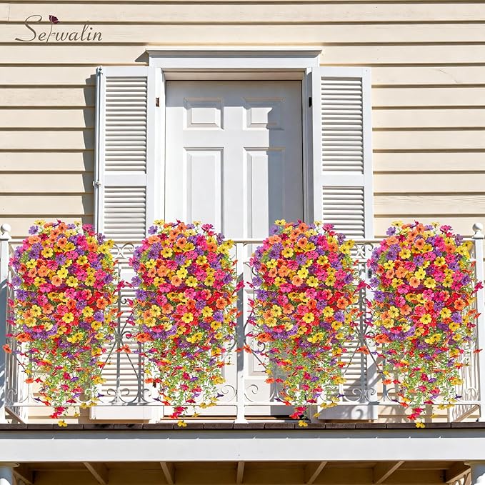 Serwalin 12PCS Artificial Hanging Flowers for Outdoors, UV Resistant Fake Hanging Plants, Realistic Weatherproof Outdoor Decor for Patio,Garden & Window (Yellow, Hot Pink, Purple &Orange,12PCS)