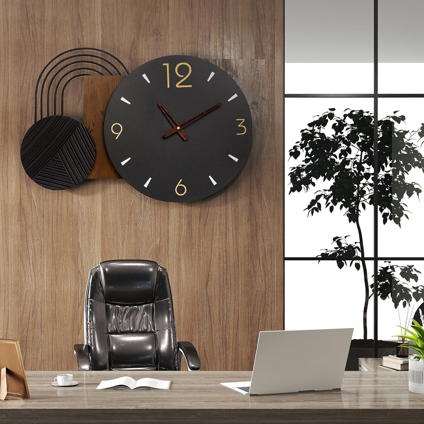 Wall Clock Modern Battery Operated Black Big Clocks Metal& Wood Retro Style Large Wall Watch Metal Walnut Dial Wall Clock Perfect for Modern Home,Office 26inchX18inch