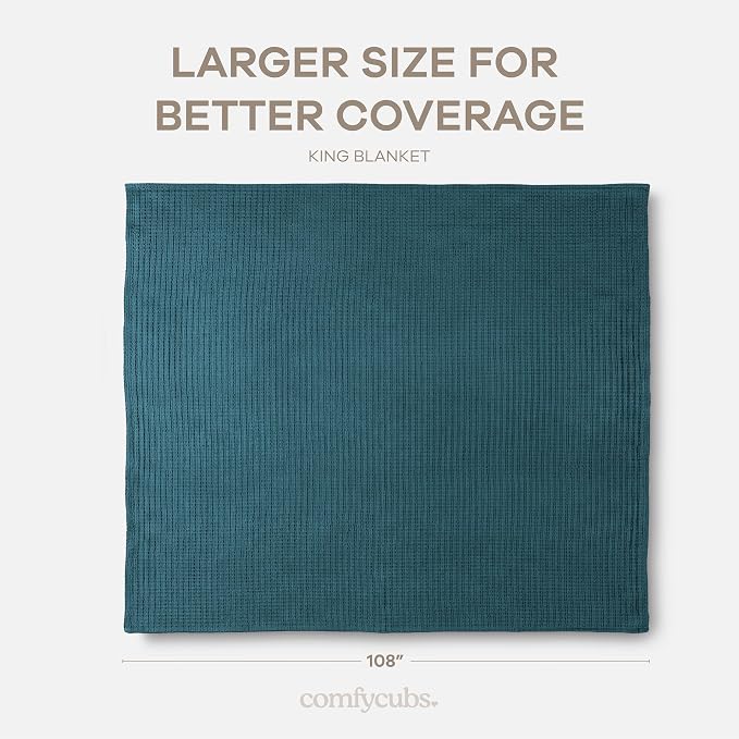 Comfy Cubs Waffle Blanket King, 108" x 90" - 100% Cotton Lightweight Breathable Bed Blanket - Soft Textured Thermal Weave for All Seasons – Decorative Cozy Layer for Couch, Sofa, or Bed - Neptune