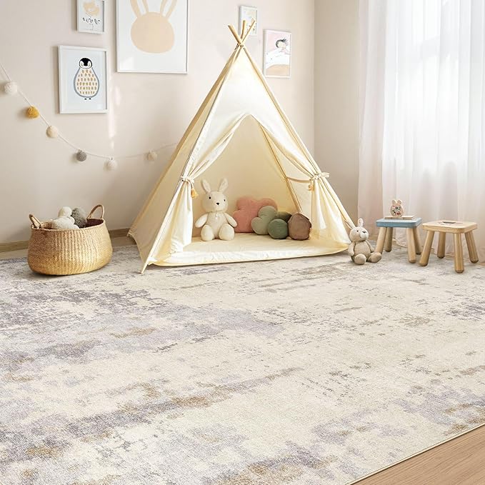 UERMEI 10x12 Area Rug Living Room Rugs - Washable Neutral Modern Abstract Soft Thin Rug Indoor Floor No Slip Rug Carpet for Bedroom Under Dining Table Home Office Decor - Light Brown/Gray