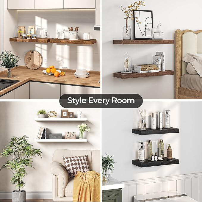 Fun Memories Floating Shelves for Wall, 36 Inch Long Set of 2 Rustic Wood Wall Shelves with Invisible Brackets, Heavy Duty Storage Display for Living Room Bedroom Kitchen, Brown