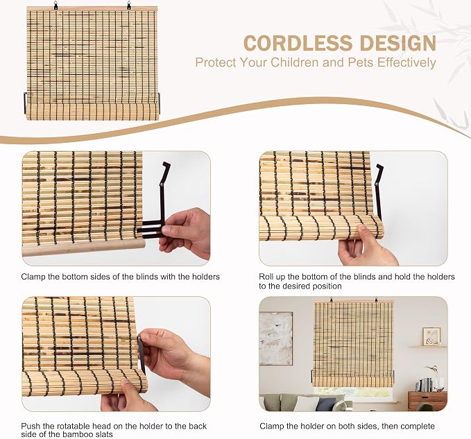ALIMOO Cordless Bamboo Shade for Windows, Light Filtering Cord Free Bamboo Roll Up Blinds for Indoor Home Patio Porch 60" W x 72" H