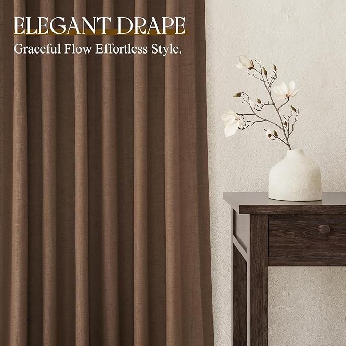 Jowels Caramel Brown Linen Curtains 96 Inch Long 2 Panels for Living Room | Light Filtering Semi Sheer Curtain, Back Tab Pocket Pleated Look, Boho Farmhouse Textured Privacy Drapes for Bedroom Window