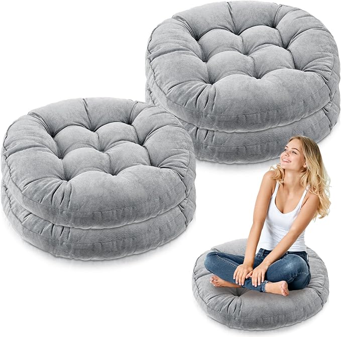 Jerify 4 Pcs Floor Pillow Cushions Large Round Square Large Meditation Floor Pillow for Classroom Adult Meditation Picnic Party Seating Learning Daycare School (Round,Light Grey)