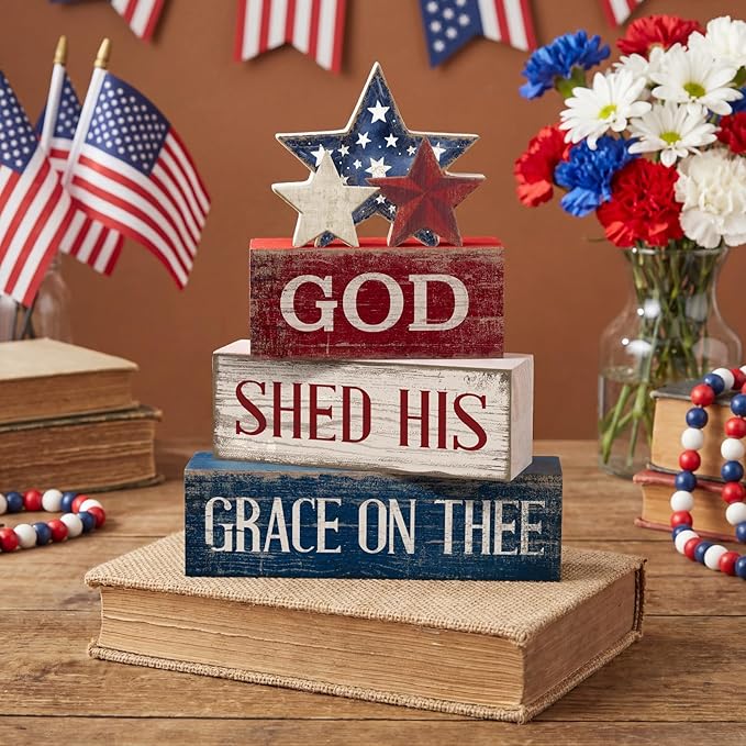 CroBlissful 4 Pcs 4th of July Decorations Patriotic Memorial Day Tabletop Decorations Red White Blue Table Centerpieces Sign for Office Tiered Tray Home Shelf 250th Anniversary(God)