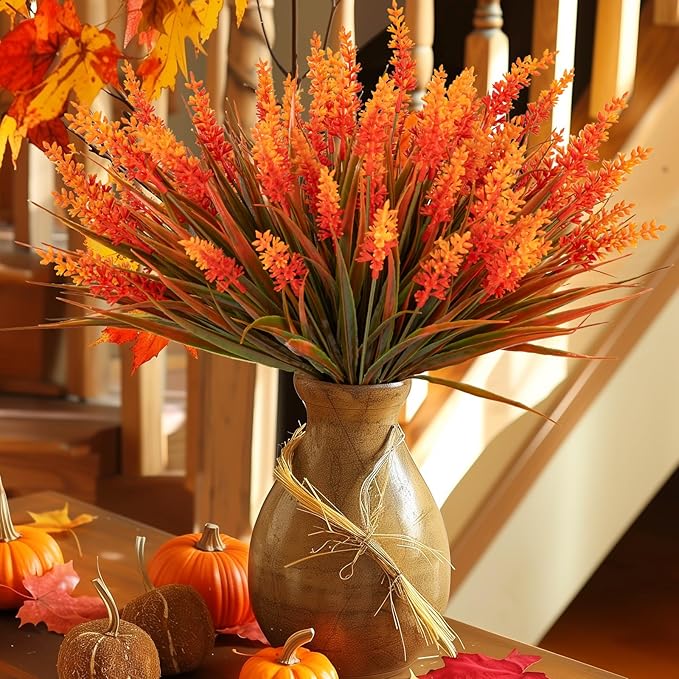 Nigirior Artificial Fall Flowers for Outdoor Plants 24 Bundles Fake Lavender Plastic Faux Monkey Grass for Verandah Window Garden Office Patio Front Porch UV Resistant for Planter(Autumn Orange)