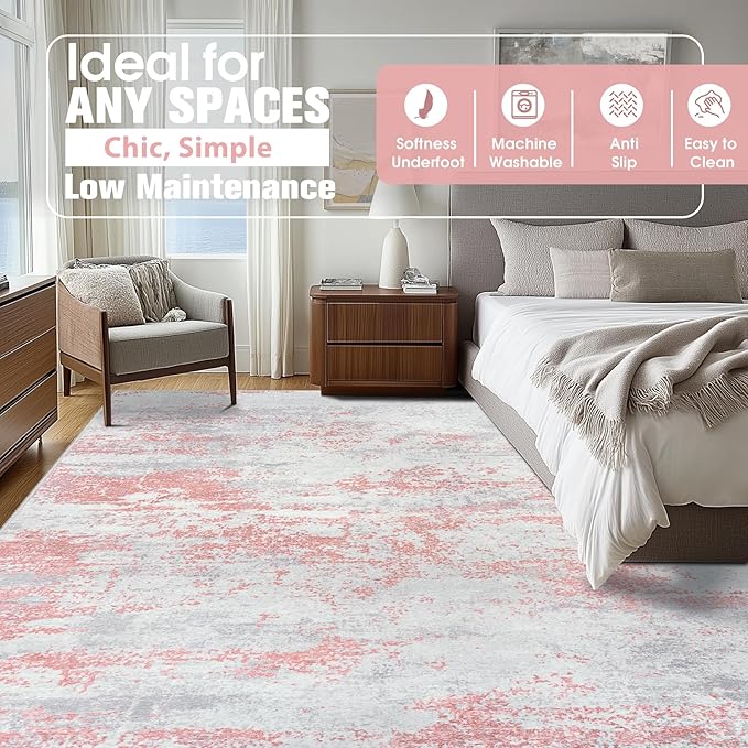 10x14 Area Rugs for Living Room Rug Washable: Abstract Large Rug Indoor Modern Carpet Non Slip for Dining Room Bedroom Nursery Home Office Pink