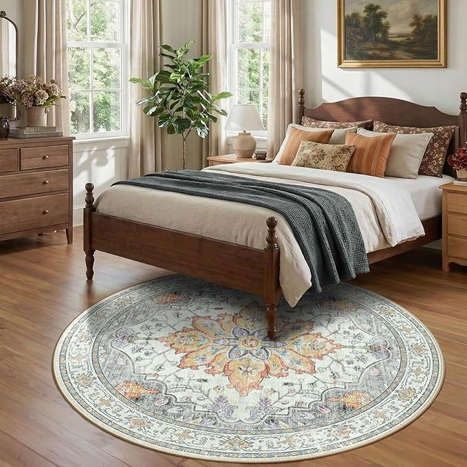 RELEANY Area Rugs 7ft Washable Non-Slip, Floral Vintage Distress Print Pattern Medallion Carpet for Living Room Bedroom Dining Room, Light Yellow Carbon Grey Orange
