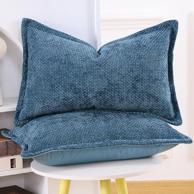 MADIZZ Decorative Chenille Velvet Throw Pillow Covers Set of 2 Soft Boho Textured Neutral Couch Throw Pillow for Bed Modern Farmhouse Home Decor for Sofa Livingroom Dark Blue 12x20 Inch