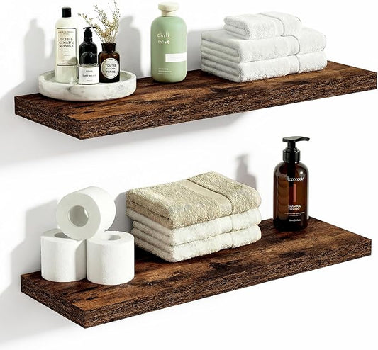 Vivelove 10 Inch Deep Floating Shelves 24 inch Long, 24 x 10 Wide Wall Shelves with Invisible Brackets, for Bedroom Bathroom Living Room Kitchen Office, Farmhouse Home Decor, Set of 2, Rustic Brown