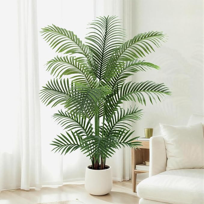5ft Artificial Palm Tree Tall Faux Palm Tree Indoor Large Fake Plants with 15 Trunks Artificial Plants with White Pot Lifelike Leaves for Home Office Decor Living Rooms Bedrooms