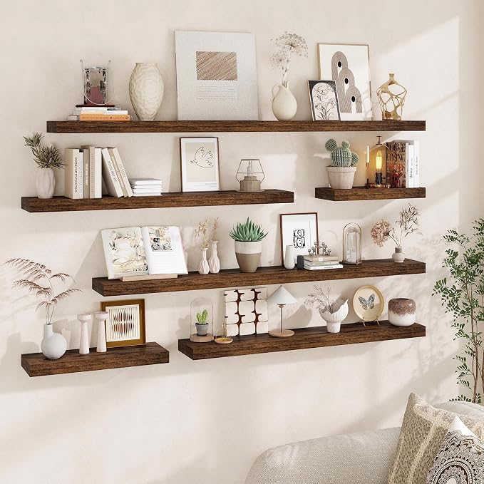 Fun Memories 30Inch Floating Shelves for Wall, 2 Pack Rustic Wood Shelves for Bathroom|Kitchen Wall Mounted Floating Shelf with Invisible Brackets for Books|Storage|Decor, Brown