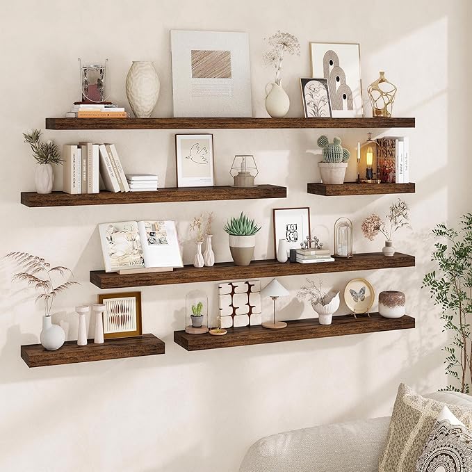 Fun Memories Floating Shelves for Wall, 32Inch Floating Shelves Set of 2, Hanging Shelf with Invisible Brackets, Wood Shelves for Living Room, Bedroom, Kitchen, Brown