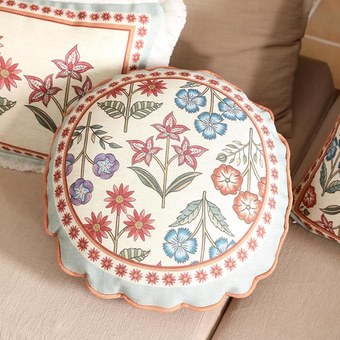 bilin gaier Round Linen Throw Pillow Cover,Set of 2,Diameter 16"-Lohi D | Designer Vintage Elegant Pillow Cover,Concealed Zipper,Colorful Floral Pattern,Sofa,Bedroom,Living Room,Lounge Chairs