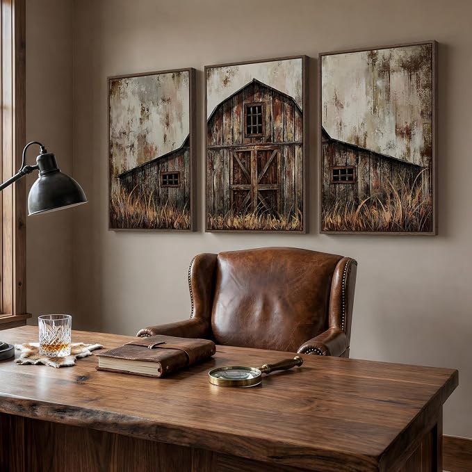 Framed Vintage Farmhouse Wall Art for Living Room, Set of 3 Retro Barn Canvas Prints, Rustic Country Wall Decor for Bedroom Dining Room Office Hallway 20x30 Inch
