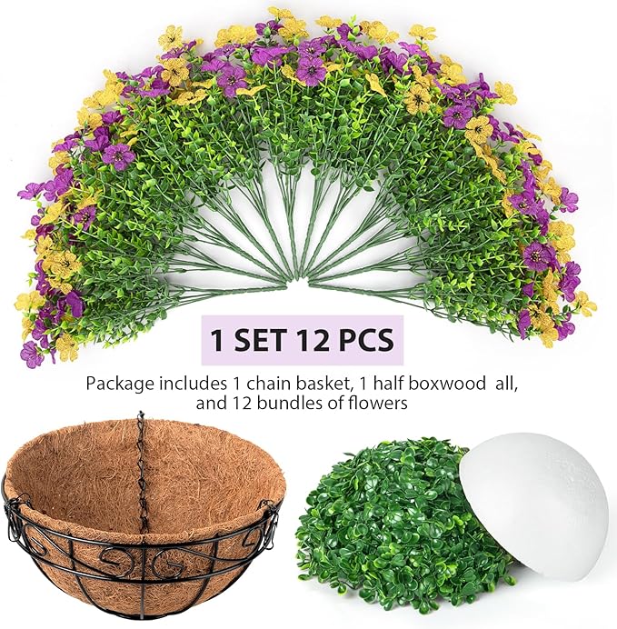 Artificial Fake Hanging Flowers Plants Basket Outdoors, Faux Silk UV Resistant Look Real Daisy Eucalyptus for Spring Summer Garden Porch Home Patio Balcony Yard Decorations, Yellow Purple