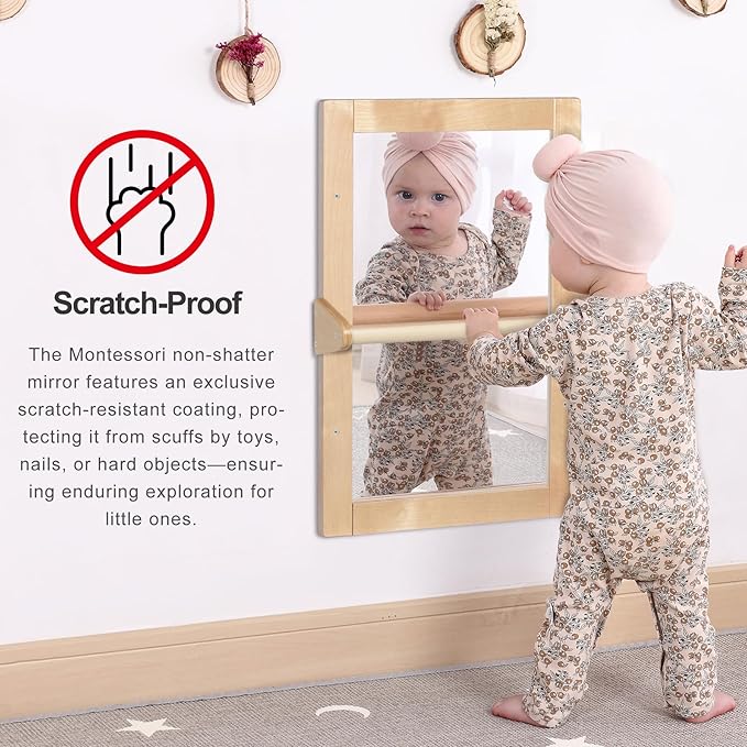 3-in-1 Baby Montessori Wooden Frame Non-Shatter Safety Mirror w/ 2 Pull Up Bars, Infant Coordination Small Mirror for 6-18 Months