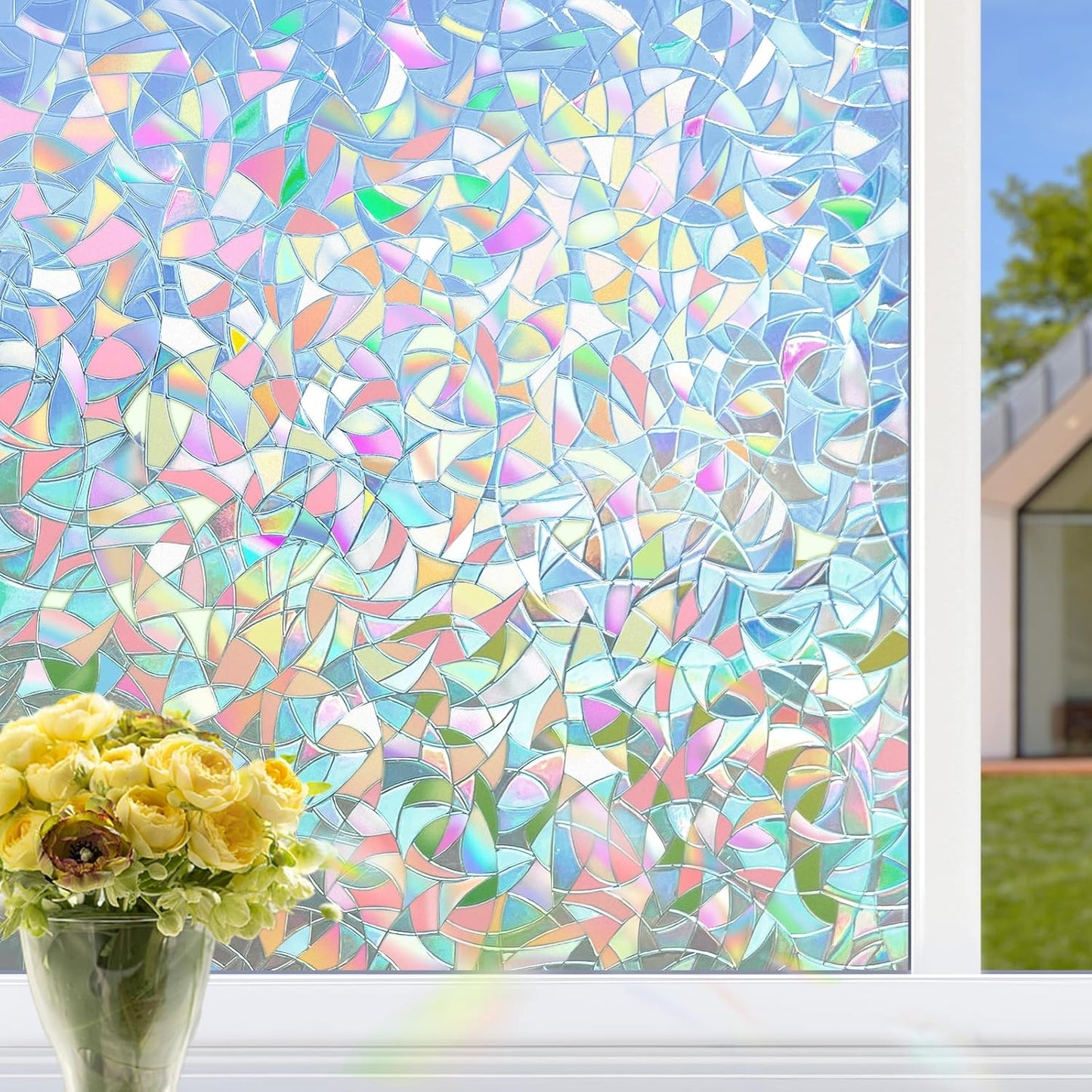 HIDBEA Window Privacy Film Static Clings, Rainbow Window Film, 3D Decals Non-Adhesive Window Vinyl Film for Home Door, 17.3 Inch x 13.1 Feet