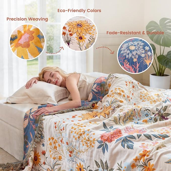 MSGKV Boho Throw Blanket for Bed 60"x80" Cotton Floral Twin Size Blanket Lightweight Farmhouse Muslin Summer Breathable Couch Blankets Home Decor All Seasons