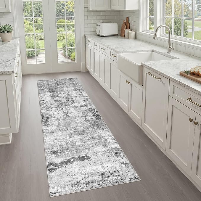Runner Rug Non-Slip Kitchen Rug: 3x8 Washable Abstract Modern Soft Stain Resistant Indoor Floor Neutral Accent Throw Carpet for Hallway Bathroom Laundry Room Bedroom Entryway- Black Gray