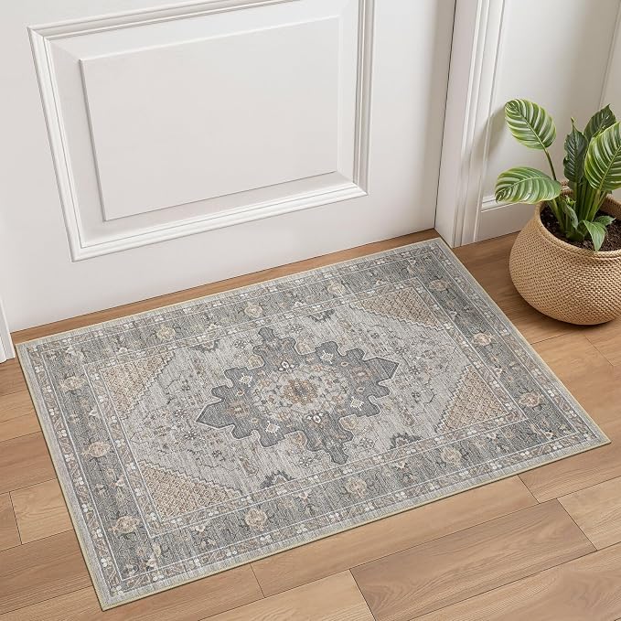 Tortania Area Rug 2x3 Doormat - Washable Vintage Oriental Farmhouse Soft Thin Indoor Carpet for Living Room Bedroom Hallway Entryway Kitchen - Brown Gray