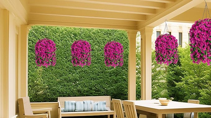 Ammyoo Artificial Faux Hanging Flowers Basket for Spring Summer Outdoor Porch Decoration, Fake Silk Colorful Morning Glory Eucalyptus in Planter UV Resistant for Home Balcony Yard(Red Purple)