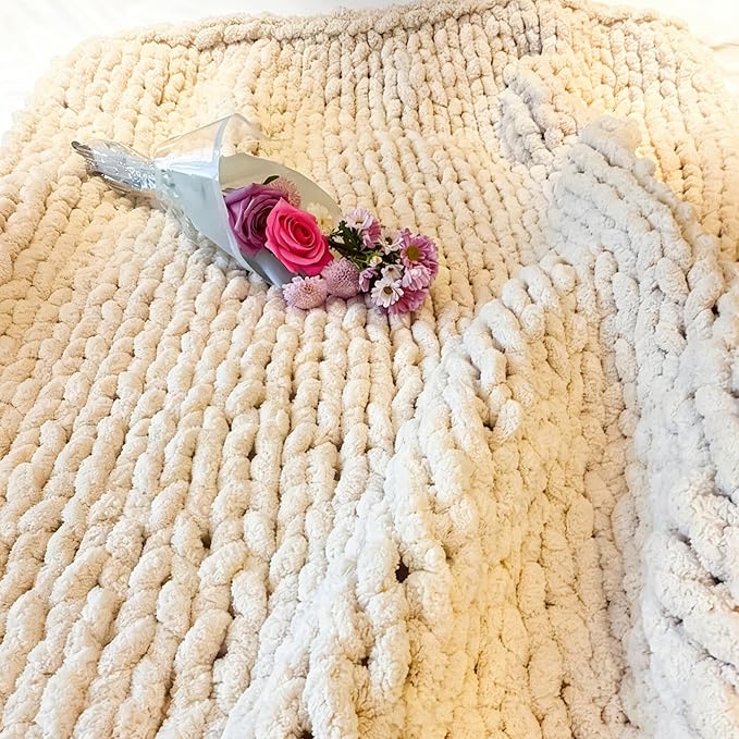 Soft Chunky Knit Throw Blanket for Couch, Cozy Warm Knitted Blankets | Hand Knit with Jumbo Chenille, Lightweight Warm Fluffy Decor for Women, Mom, Her & Girls, Sofa, Chair, Bed, 40"×60" (Beige)