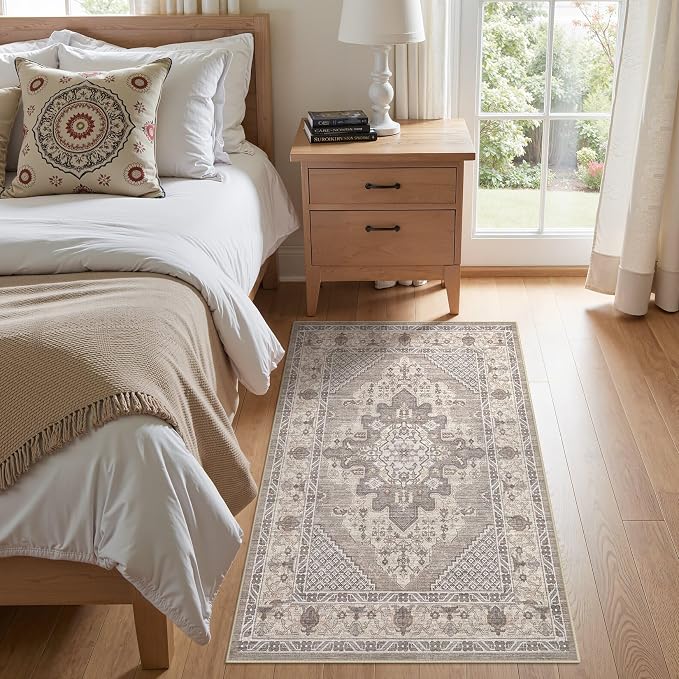 Tortania Area Rug Living Room Rugs - 3x5 Washable Rug Vintage Oriental Distressed Farmhouse Small Thin Indoor Carpet for Living Room Bedroom Under Dining Table Home Office - Taupe Brown