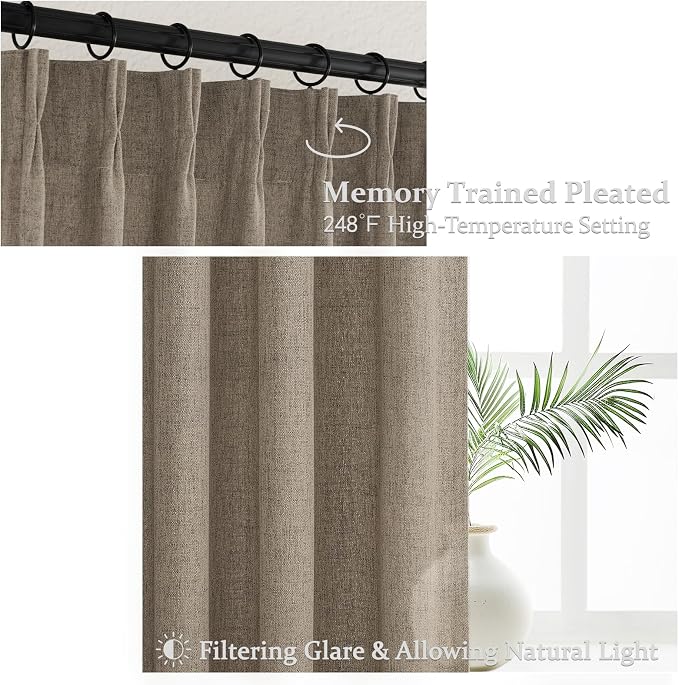 Extra Wide 70 Inch Dark Flax Light Filtering Room Divider Curtains 92 Inches Long 2 Panels Set, Memory Trained Pleated Natural Linen Privacy Semi Sheer Country 90-92 Inch Windows Drapes Brown Colored