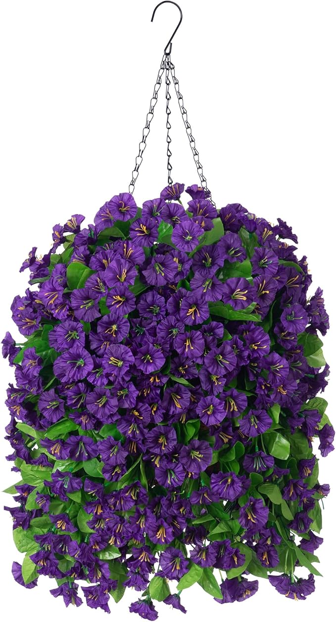 Ammyoo Artificial Faux Hanging Flowers Basket for Spring Summer Outdoor Porch Decor, Fake Silk Colorful Morning Glory Eucalyptus in Planter UV Resistant Look Real for Home Balcony Yard(Dark Purple)