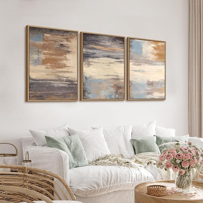 Large Framed Canvas Wall Art - Natural Float Framed Colorful Pictures for Living Room Decor Contemporary Brown Beige Grey Lines Artwork for Bedroom Kitchen Home Office Decoration 60" X 28" Set of 3