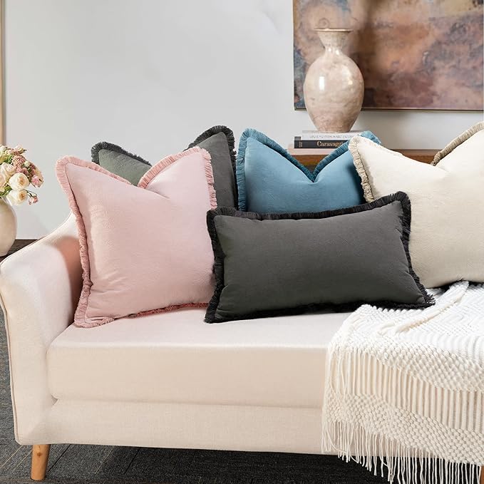 ZWJD Pillow Covers 26x26 Set of 2 Throw Pillow Covers with Fringe Chic Cotton Euro Shams Square Cushion Covers for Couch Sofa Bed Living Room Farmhouse Boho Decor, Beige