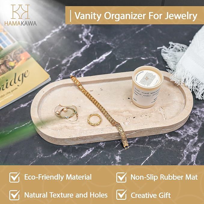 Turkish Natural Marble Vanity Tray, Oval Bathroom Tray 10 inch, Beige Travertine Perfume Trays, Vanity Organizer for Soap, Kitchen, Home Decor
