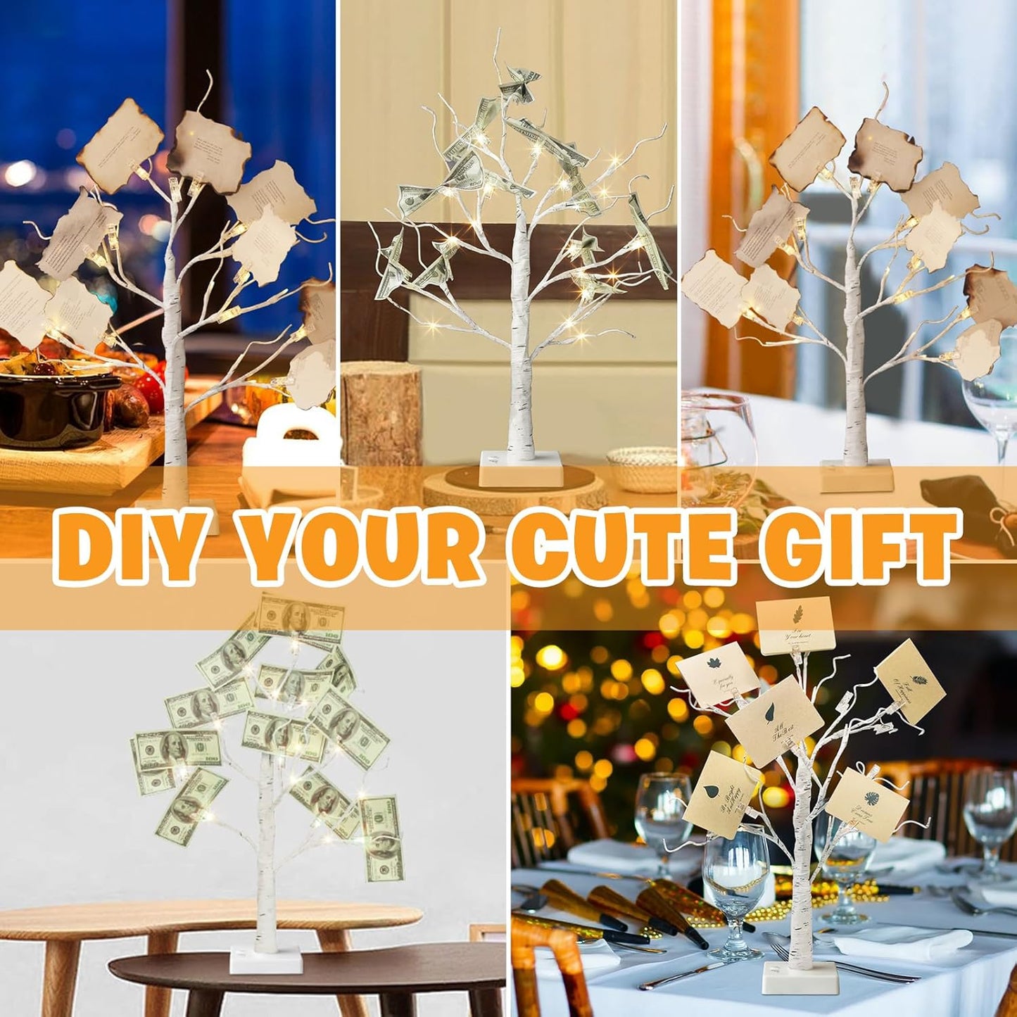 EAMBRITE Money Tree Gift Holder, Gift Card Tree 2FT 24LED, Lighted Birch Trees Battery/USB Powered Timer Photo Display with 12 Clear Clips and 12 Cards for Home Christmas Halloween Picture Memo 2 Pack