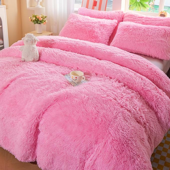 chovy Faux Fur Plush Pink Comforter Sets King - Ultra Soft Shaggy Flannel Velvet Fluffy Fuzzy 3PC Bedding Set （Comforter x 1 Pillowcases x 2）