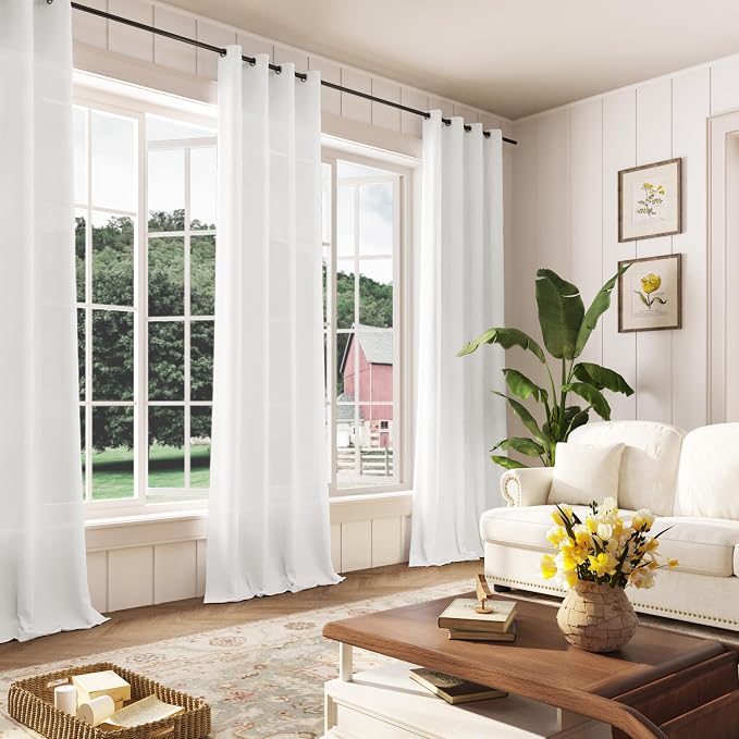 Off White Linen Curtains 84 Inches Long 2 Panels Set Grommet Semi Sheer Linen Drapes for Bedroom Light Filter Oat Ivory Cream Colored White Cotton Boho Window Curtain for Living Room 84 Inch Length